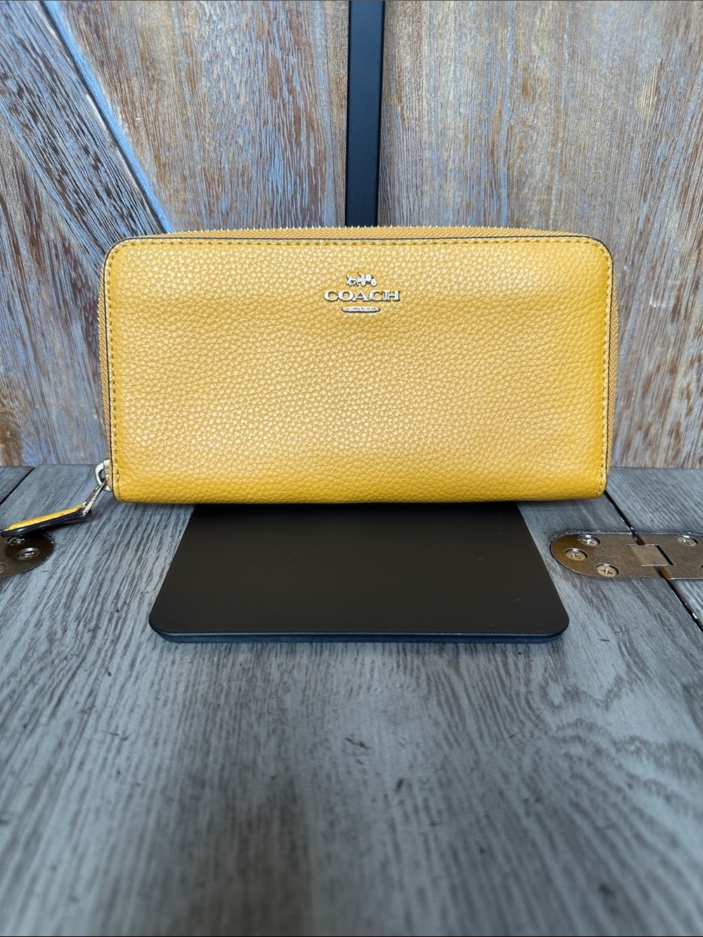 Coach Goldenrod Yellow Pebbled Leather Accordion Zip-Around Wallet